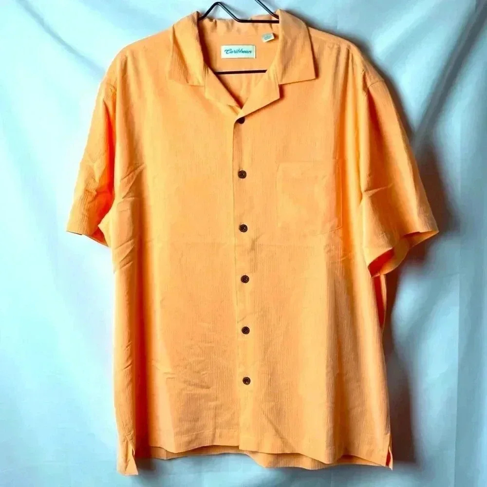 CARIBBEAN MENS SOZE LARGE BUTTON DOWN SHIRT PEACH‎ COLOR CRINKLE LOOK CLEAN